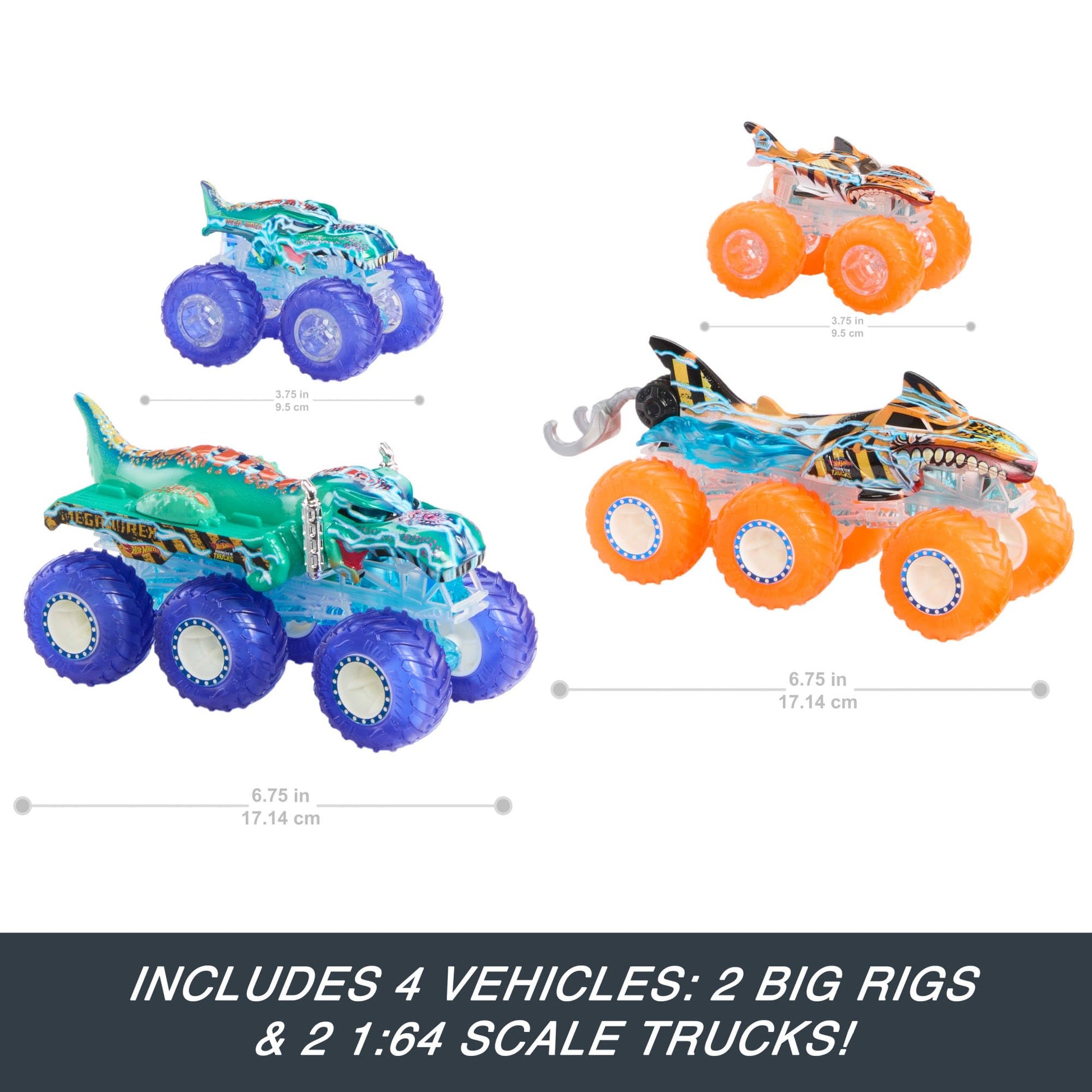 Buy now Hot Wheels Monster Trucks Multipack, 1:64 Scale Mega-Wrex & Tiger Shark Toy Trucks with Big Rigs in Matching Power Smashers Deco at indiglob india