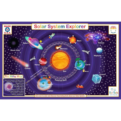 Learn Planet Names and Facts – Made in USA - Front and Back Activities-Solar System Educational Placemat for Kids - Waterproof, Washable, Durable, Reusable – by Tot Talk – 11.5” x 17.5”
