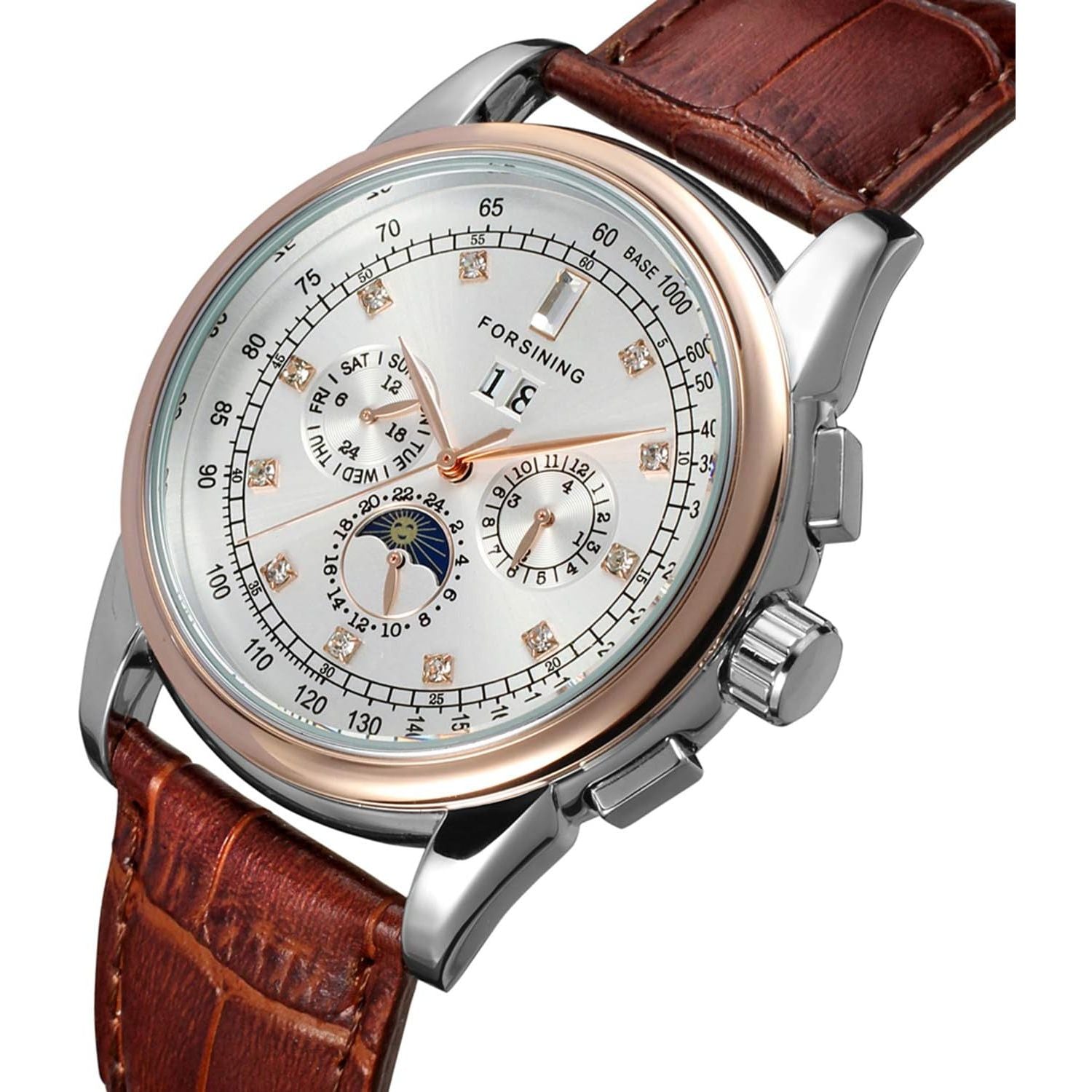 Buy now FORSINING Men's Automatic Self Winding Moon Phase Watch with Brown Leather Strap Analogue Display FSG319M3T4 at indiglob india