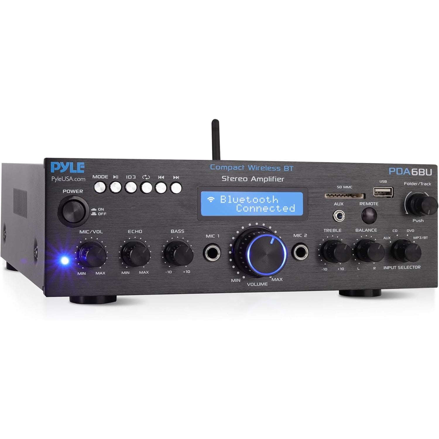 Buy now Pyle Wireless Bluetooth Power Amplifier System - 200W Dual Channel Sound Audio Stereo Receiver w/ USB, SD, AUX, MIC IN w/ Echo, Radio, LCD - For Home Theater Entertainment via RCA, Studio Use - PDA6BU Amplifier System without HDMI at indiglob india