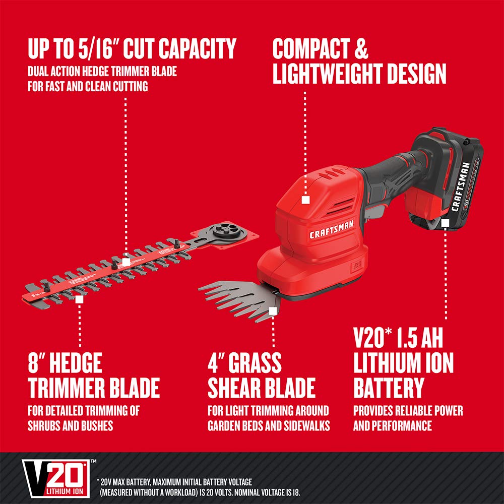 Buy now CRAFTSMAN V20 4 In. Cordless Handheld Grass Trimmer and 8 In. Mini Hedge Trimmer, Battery and Charger Included, Rechargeable 2 in 1 Grass Shear and Bush Trimmer (CMCSS800C1) at indiglob india