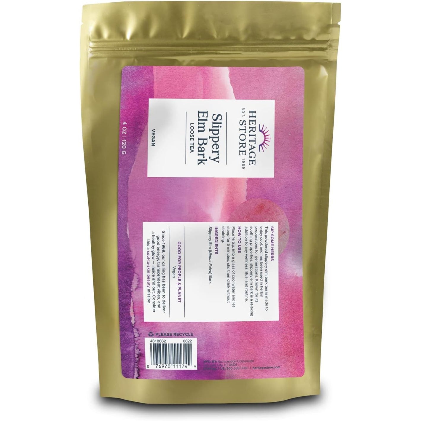 Heritage Store Slippery Elm Bark Tea, Soothing Loose Tea Helps Ease Digestion, Relaxes & Calms The Throat, with Pure Slippery Elm Powder from The Inner Bark, Vegan, No Additives or Fillers, 4oz