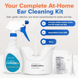 EarClear Rx Complete Ear Wax Removal & Cleaning Kit – Safe, Gentle, Doctor-Recommended Ear Cleaning & Ear Wax Removal Kit for Adults & Kids – Includes Bottle Washer, Basin & 20 Rigid & Flexible Tips