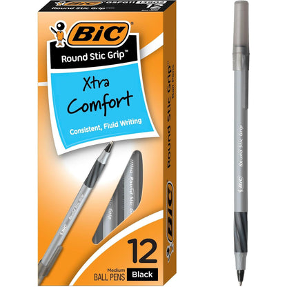 BIC Round Stic Grip Xtra Comfort Black Ballpoint Pens, Medium Point (1.2mm), 12-Count Pack, Perfect Writing Pens With Soft Grip for Superb Comfort and Control