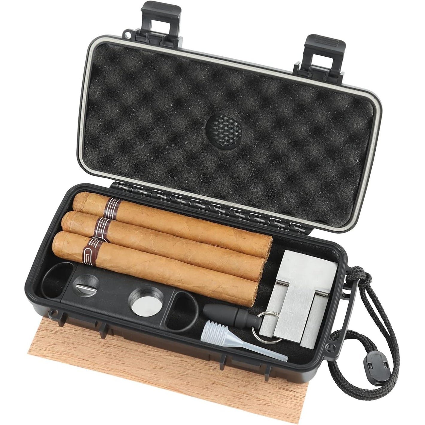 Travel Humidor Box With Cigar Accessories - Spanish Cedar, Humidifier, Cutter, Stand, Punch - Holds 4-5 Cigars - Waterproof, Crushproof, Airtight Seal
