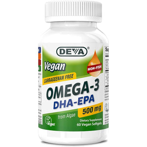 DEVA Vegan Omega-3 DHA-EPA 500MG – No Carrageenan, Non-Fish Oil Derived from Algae, Non-GMO, 60 Gelatin-Free Softgels