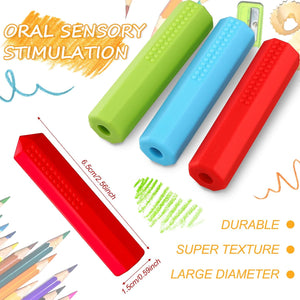 Eersida 6 Pieces Sensory Chew Pencil Toppers Set Chewable Pencil Toppers Chew Toys for Sensory Kids Boys and Girls, Oral Motor Needs(Red, Blue, Green)