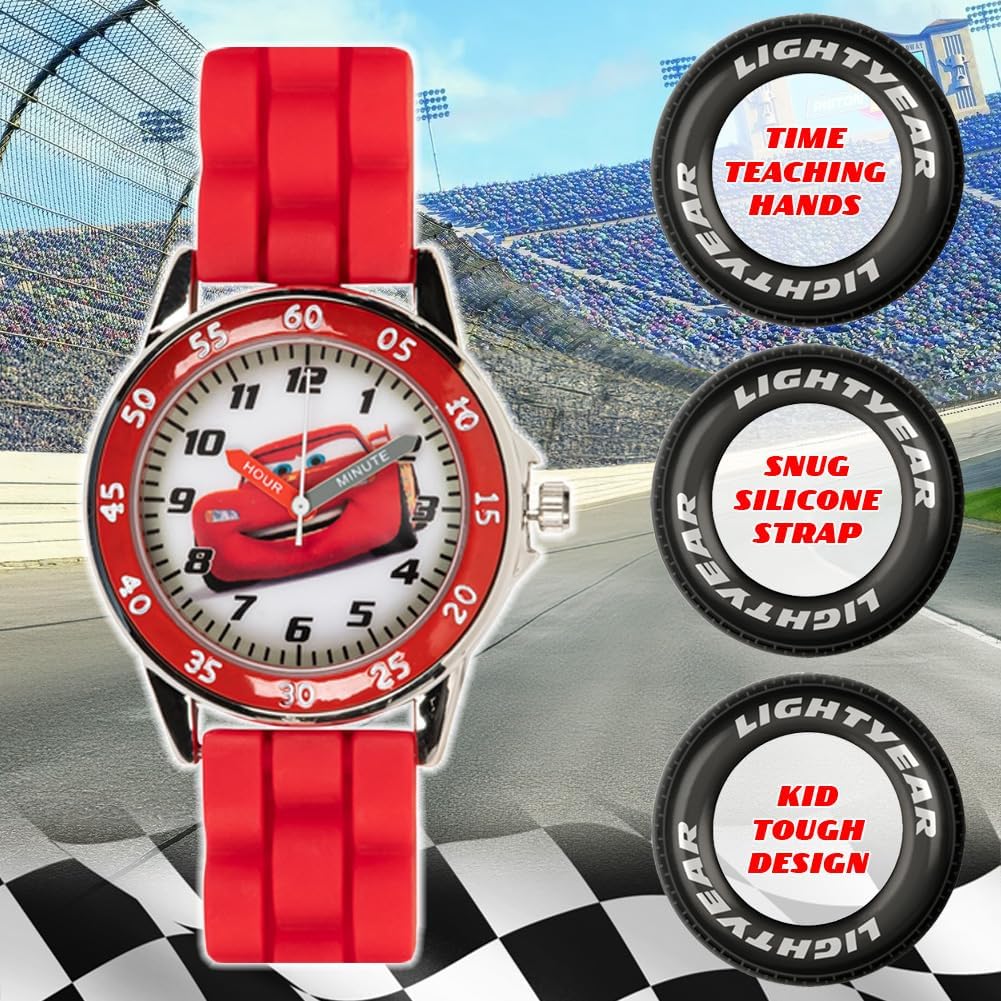 Buy now Disney Pixar Cars Kids' Time-Teaching Watch – Lightning McQueen Design with Red Silicone Strap, Easy-to-Read Dial, and Adjustable Fit for Wrists 5.5" to 8" at indiglob india