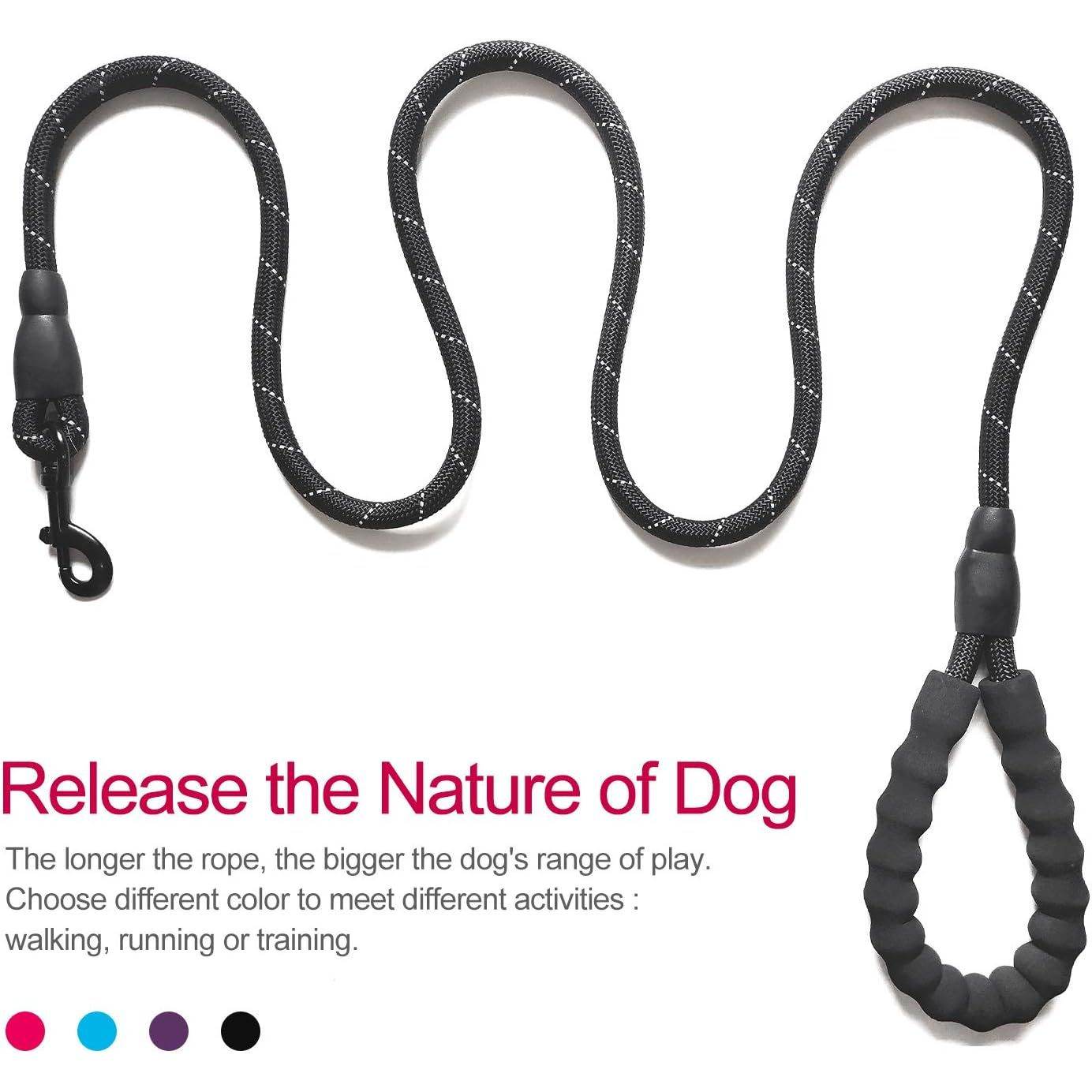 10 FT Strong Dog Leash Extra Heavy Duty Rock Climbing Rope Comfortable Padded Handle Highly Reflective Threads for Small Medium Large Dogs, 1/2 inch Diameter (Black Black) - My Store