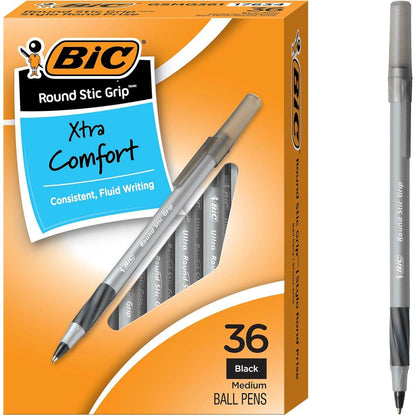 BIC Round Stic Grip Xtra Comfort Black Ballpoint Pens, Medium Point (1.2mm), 36-Count Pack, Perfect Writing Pens With Soft Grip for Superb Comfort and Control - My Store