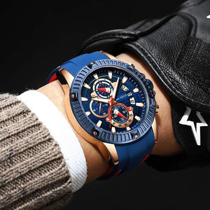 MF MINI FOCUS Men Watch, Chronograph Waterproof Sport Analog Quartz Watches Blue Silicon Strap Fashion Wristwatch for Men