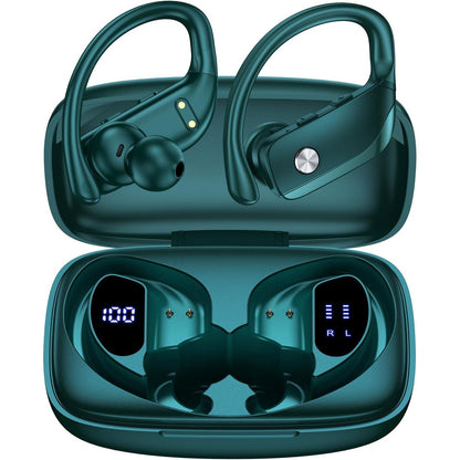 bmanl Wireless Earbuds Bluetooth Headphones 48hrs Play Back Sport Earphones with LED Display Over-Ear Buds with Earhooks Built-in Mic Headset for Workout Green