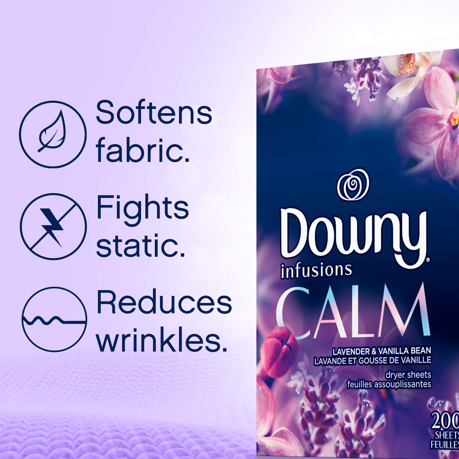 Buy now Downy Infusions Dryer Sheets Laundry Fabric Softener, Calm Scent, Lavender & Vanilla Bean, 200 Count at indiglob india