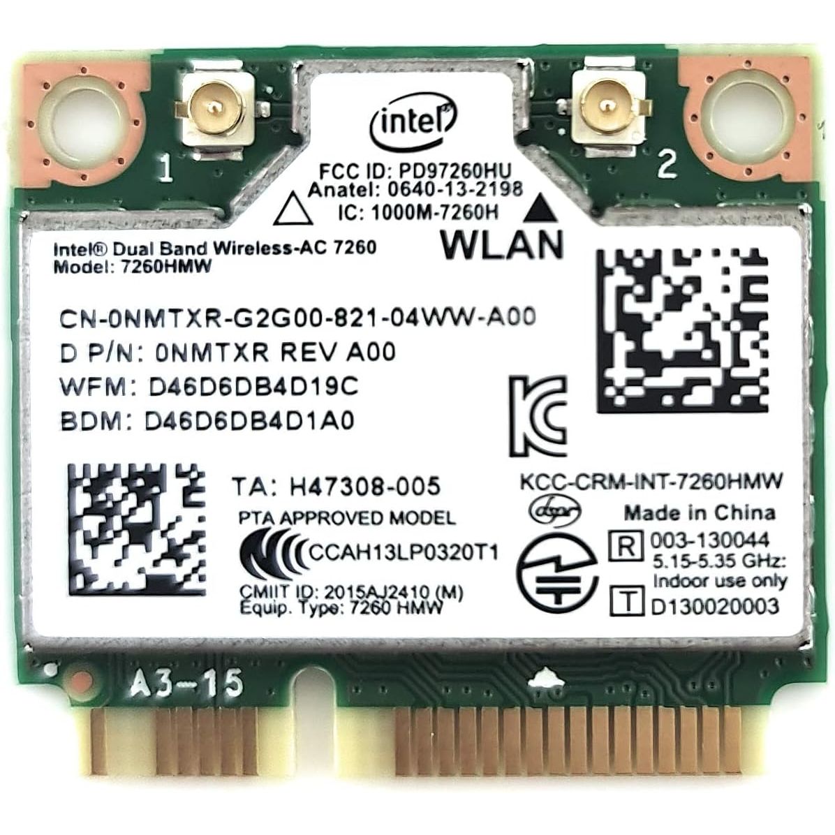 Intel 7260.HMW Dual Band Wireless-AC 7260 Network Adapter PCI Express Half Mini Card 802.11 b/a/g/n/ac