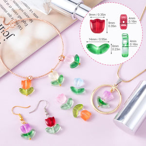 PAGOW 160PCS Tulip Flower Beads Glass Translucent Bracelet Beads Colorful Handcrafted Crystal Loose Glass Beads for Spring Summer Valentines Wedding DIY Jewelry Making Gifts