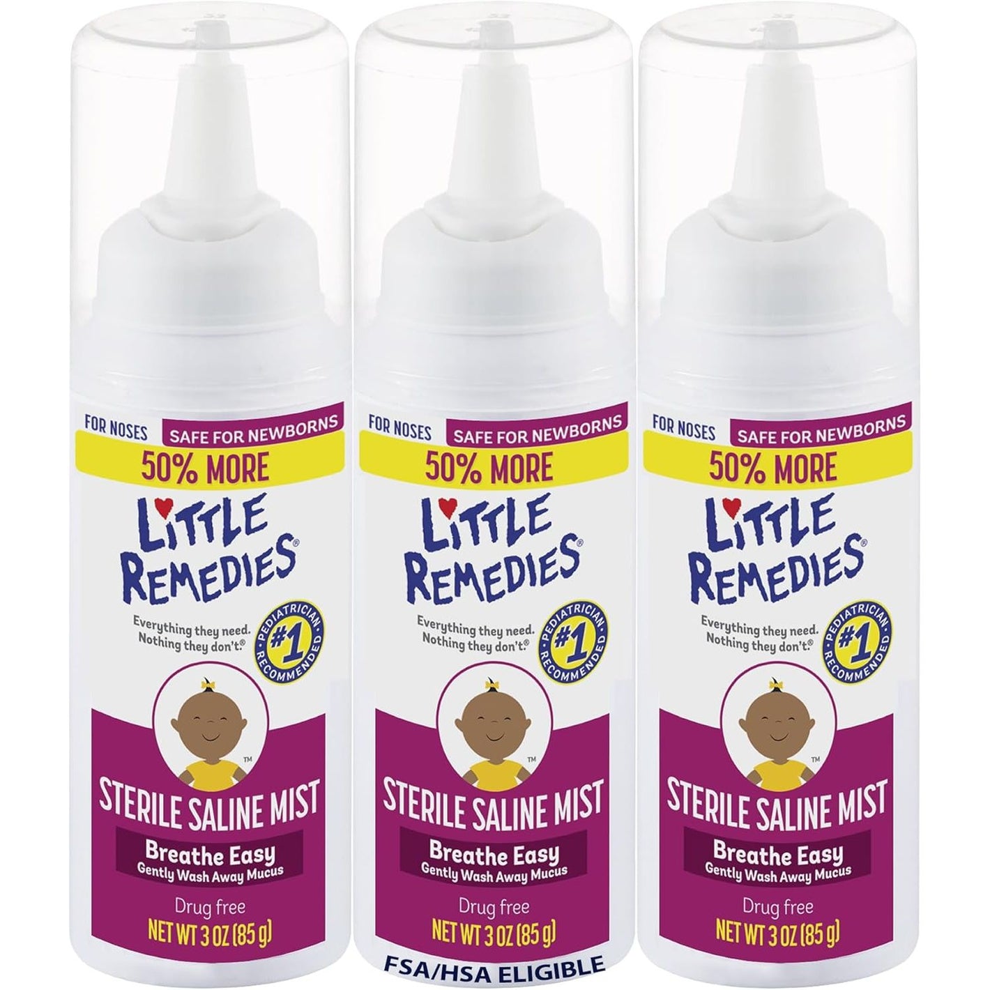 Little Remedies Sterile Baby Saline Nasal Mist, Safe for Newborns to Relieve Stuffy and Dry Noses, 3 Fl Oz, Pack of 3