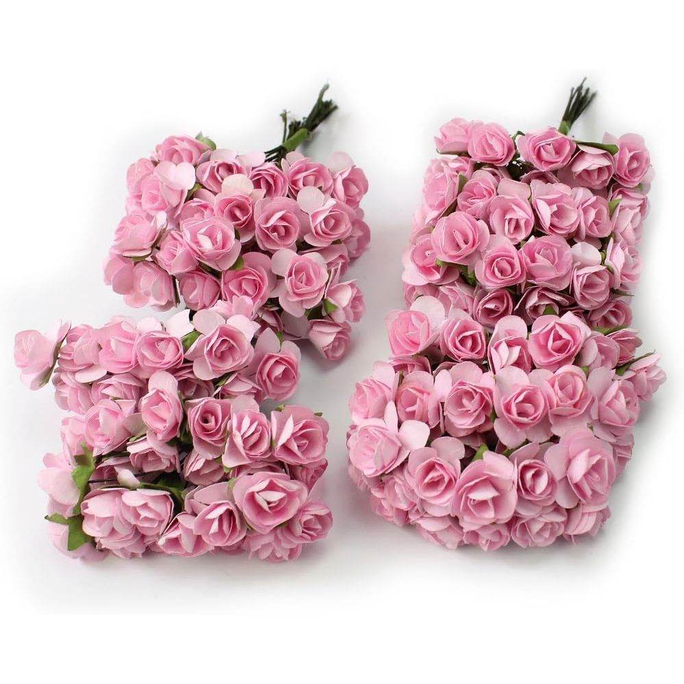 144pc Beautiful Artificial Paper Rose Flower Wedding Card Embellishment, Pink - My Store