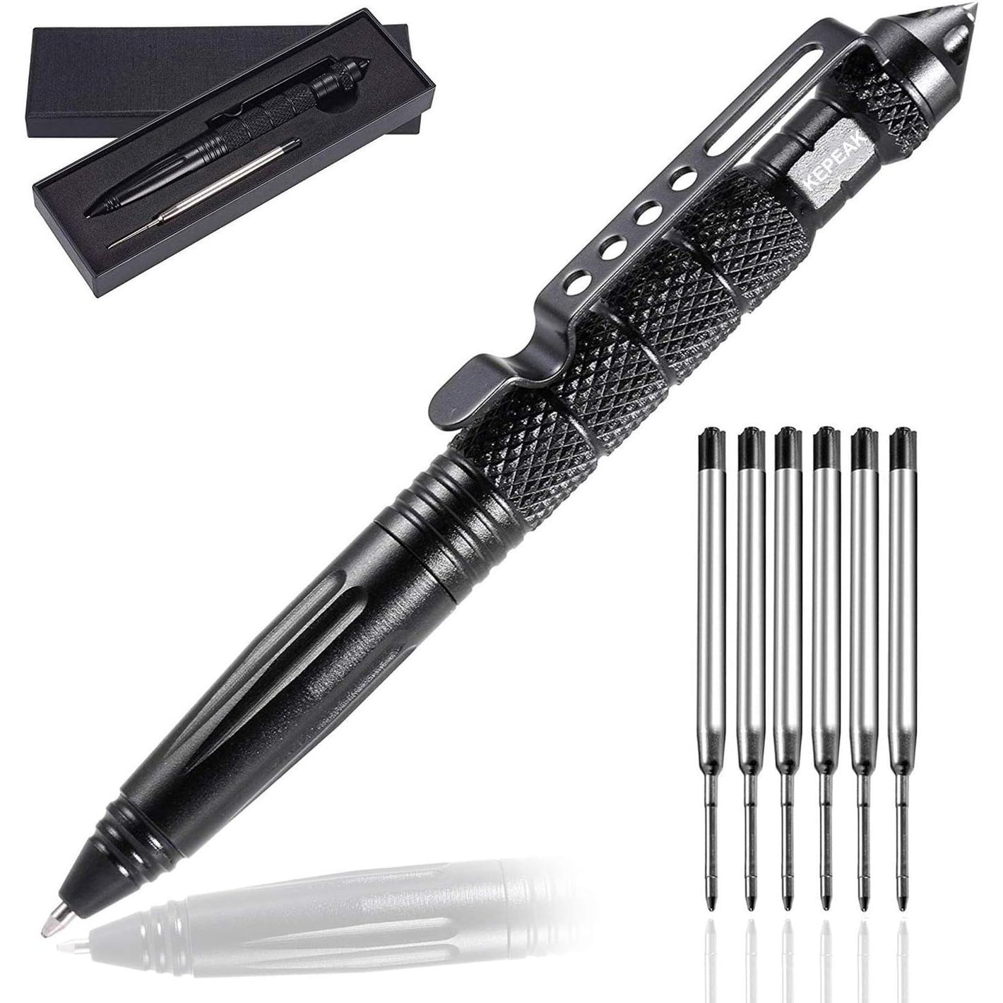 KEPEAK Military Tactical Pen, Professional Self Defense Pen, Emergency Glass Breaker Pen - Tungsten Steel, Writing Tool with 6 Refill