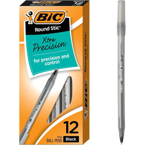 BIC Round Stic Xtra Precision Fine Black Ballpoint Pens, Medium Point (0.8 mm), 12-Count Pack, Excellent Writing Pens