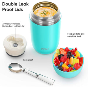 DaCool Insulated Lunch Container Hot Food Jar 24 oz Stainless Steel Vacuum Bento Lunch Box for Adult with Spoon Leak Proof Hot Food Insulated Container for Office Picnic Travel Outdoors, Cyan Blue
