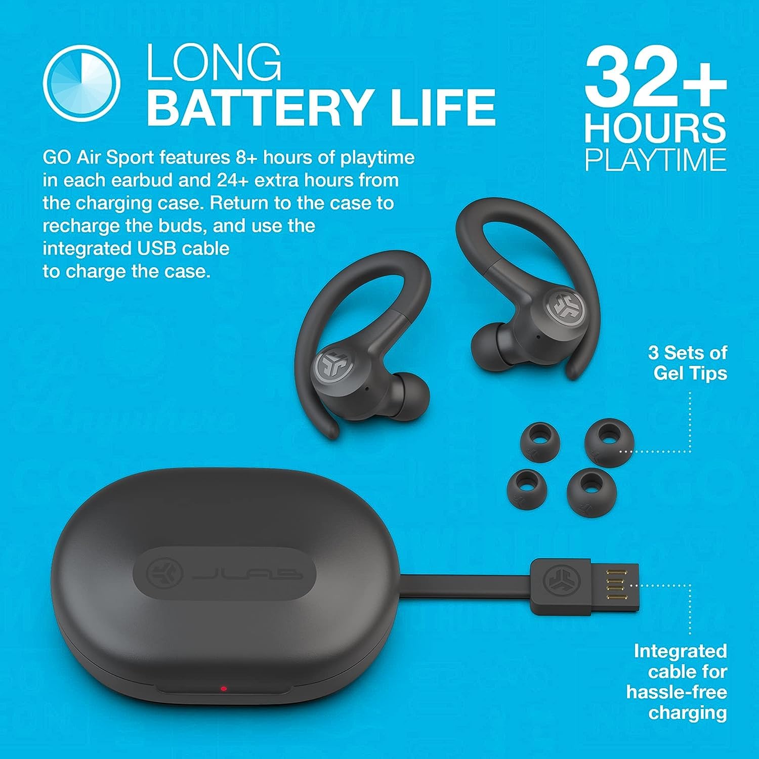 Buy now JLab Go Air Sport, Wireless Workout Earbuds Featuring C3 Clear Calling, Secure Earhook Sport Design, 32+ Hour Bluetooth Playtime, and 3 EQ Sound Settings (Graphite/Black) at indiglob india