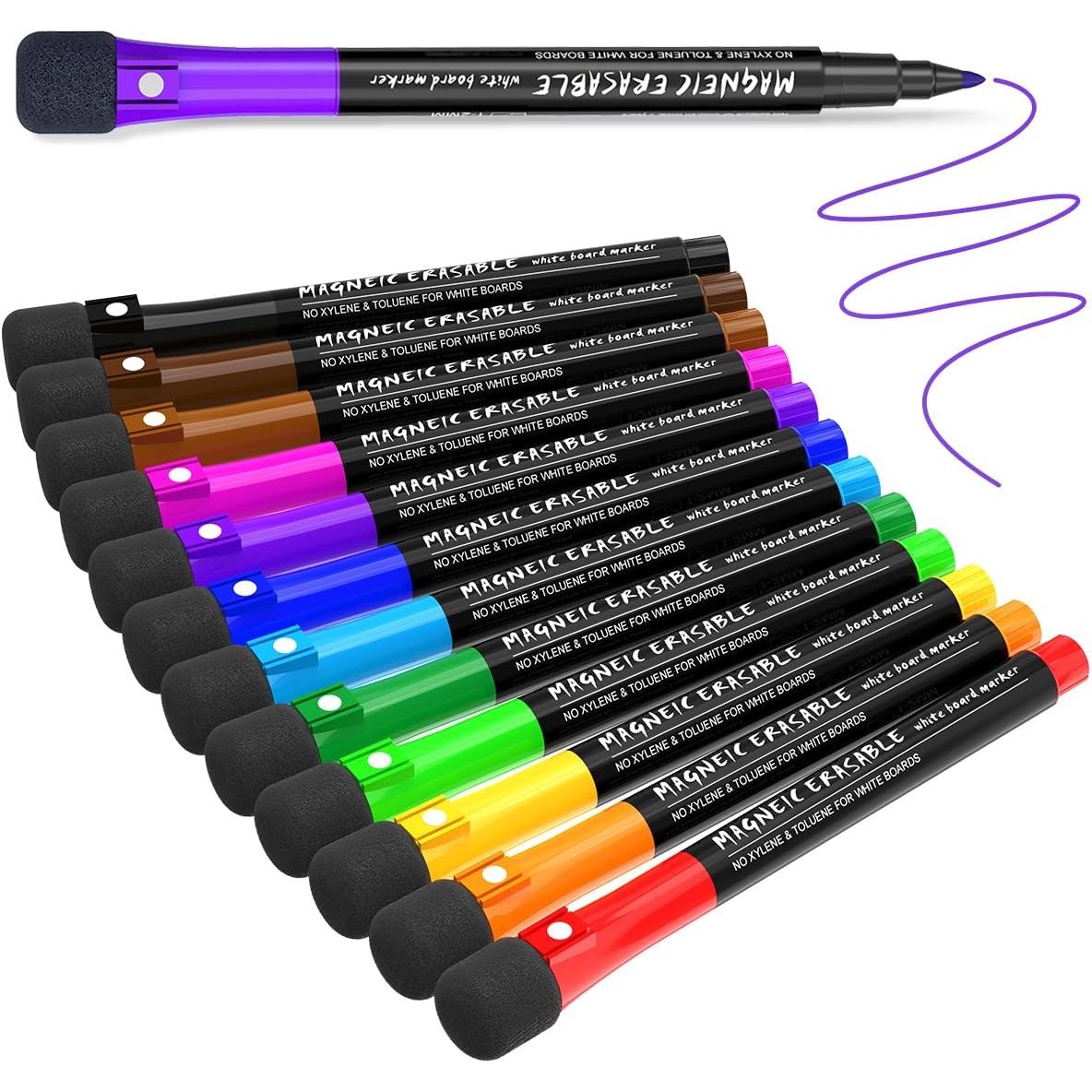 Magnetic Dry Erase Markers Fine Point Tip, 12 Colors White Board Markers Dry Erase Marker with Eraser Cap, Low Odor Whiteboard Markers Thin Marking for Kids Teachers Office School Supplies