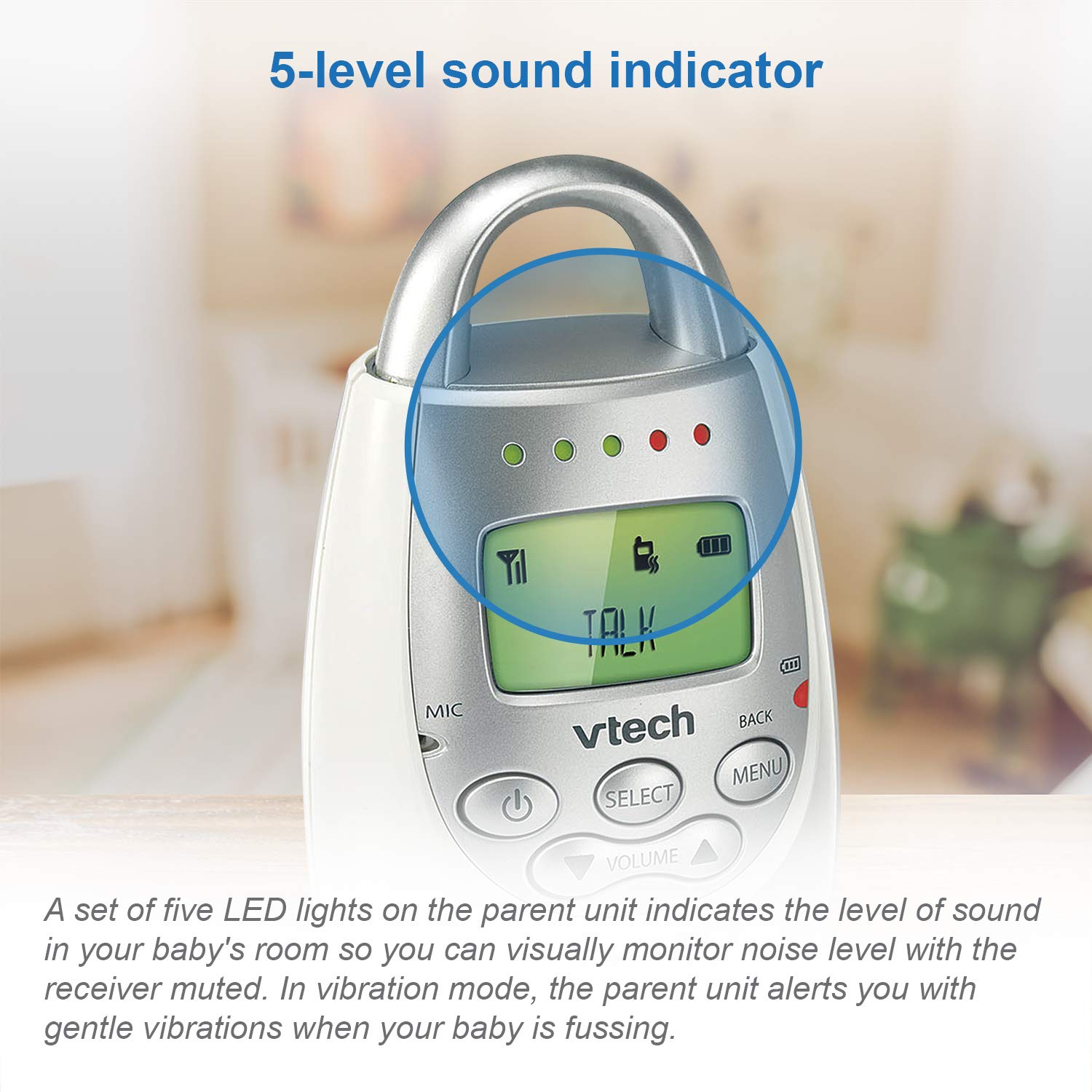 Buy now VTech Communications DM221 Audio Baby Monitor with up to 1,000 ft of Range, Vibrating Sound-Alert, Talk Back Intercom & Night Light Loop, White/Silver at indiglob india