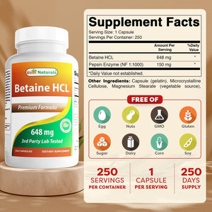 Best Naturals Betaine HCL 648 mg 250 Capsules
