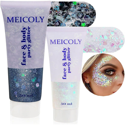 MEICOLY Pink and Clear White Face Body Glitter Set,Pink Face Glitter Gel,Singer Concerts Festival Rave Accessories,Glitter Face Paint for Women Kids,Mermaid Glitter Makeup,Body Glitter for Women