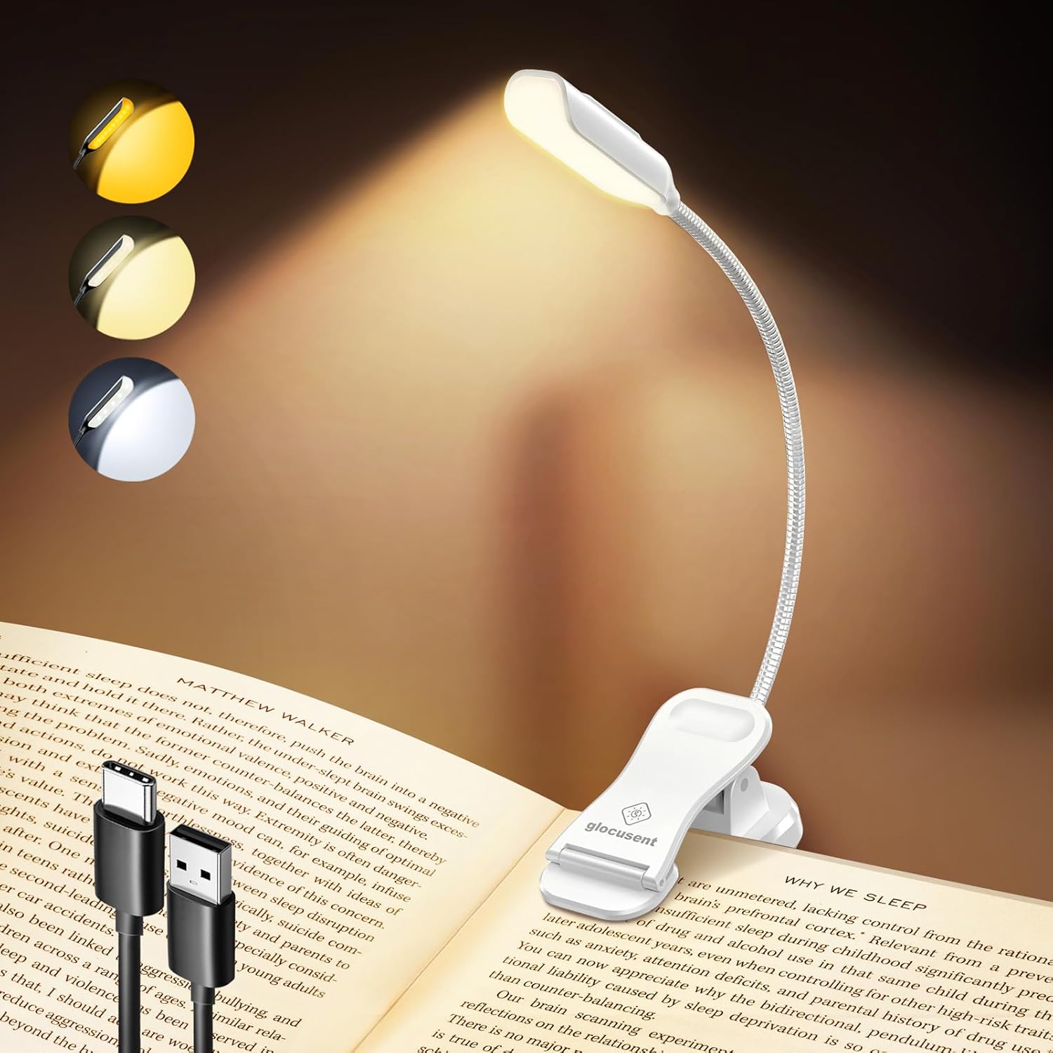Buy now Glocusent Willow Book Light for Reading in Bed, 10LED Bright Reading Light, 3 Colors & 3 Brightness, Rechargeable Book Light Lasts for 80hr, Lightweight Clip on Book Light, Perfect for Book Lovers White at indiglob india