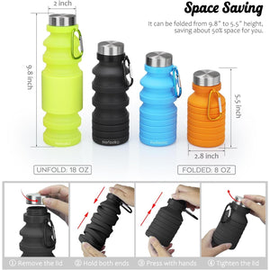 Nefeeko Collapsible Water Bottle, Reuseable BPA Free Silicone Foldable Water Bottles for Travel Gym Camping Hiking, Portable Leak Proof Sports Water Bottle with Carabiner