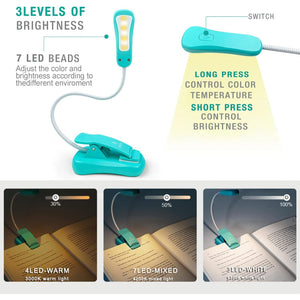 Vekkia Rechargeable Book Light for Reading in Bed, 3 Color x 3 Brightness, Lightweight Reading Light, Up to 70 Hours Lighting, Great for Readers, Travel (Blue)