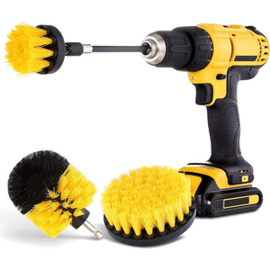 HIWARE Drill Brush Attachment Set, Yellow, Plastic Handle, 3 Sized Brush Heads for Cleaning Bathtub, Shower, Floor, Carpet, Kitchen, Bathroom, and More