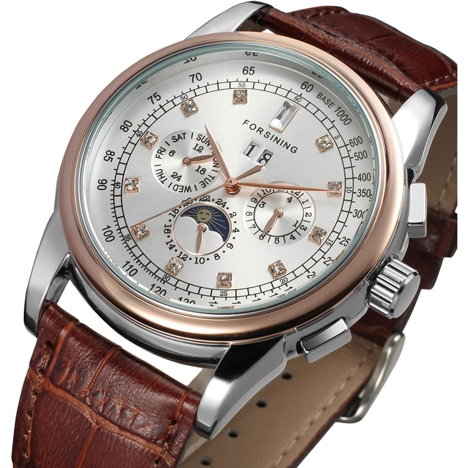 Buy now FORSINING Men's Automatic Self Winding Moon Phase Watch with Brown Leather Strap Analogue Display FSG319M3T4 at indiglob india