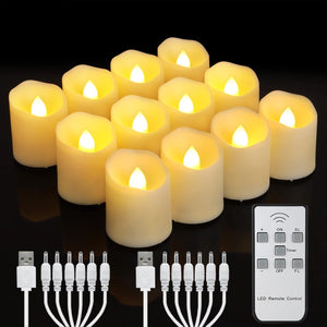Rechargeable Flameless Tea Lights Candles with Timer & Remote, 12pcs Flickering LED Votive Candles with 2 USB Charging Cables, Warm White Light Electric Fake Candle for Home, Halloween Xmas Decor