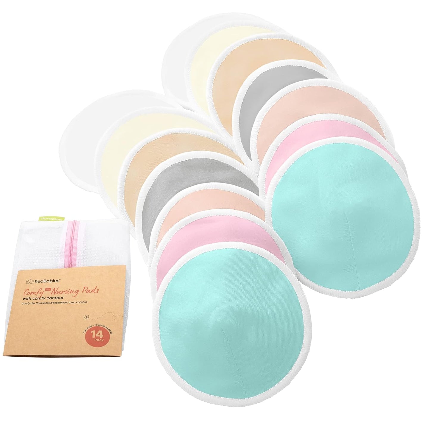 Organic Breast Pads - 14 Viscose Derived from Bamboo Washable Pads + Wash Bag, 3-Layers Breastfeeding Nipple Pad for Maternity, Reusable Nipplecovers for Breast Feeding(Pastel Touch Lite, L 4.8")