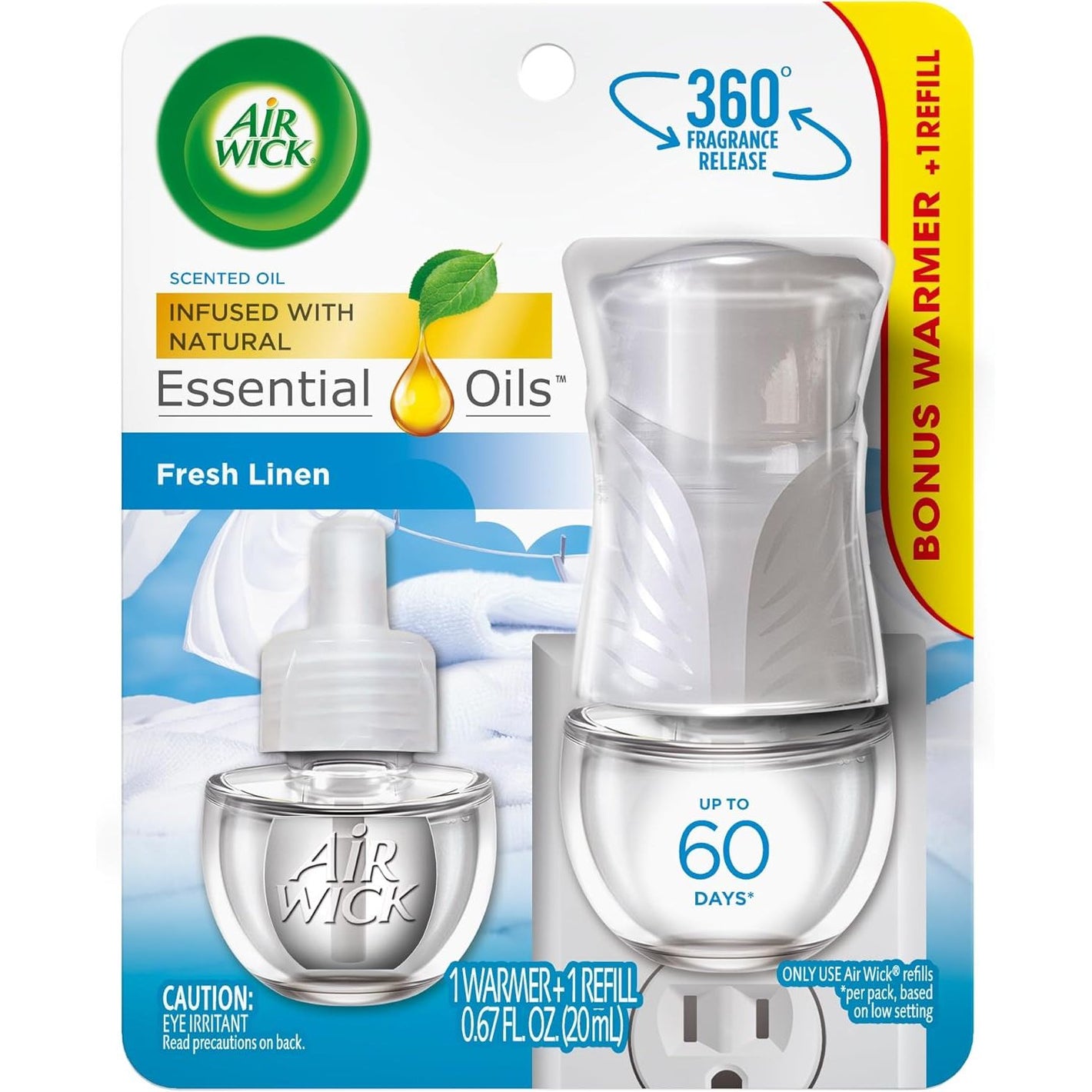 Air Wick Plug in Scented Oil Starter Kit (Warmer + 1 Refill), Fresh Linen, Air Freshener, Essential Oils