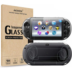 AKWOX 2 Front+2 Back Covers Screen Protectors Compatible with Sony PlayStation Vita 2000, 9H Tempered Glass Front and HD Clear PET Back Film