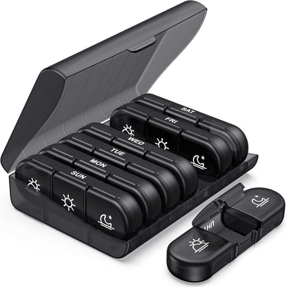 PULIV Weekly Pill Organizer 3 Times a Day, Portable Travel Pill Box 7 Day with Large Pill Containers, Light-Proof Pill Case for Vitamins, Medication, Supplements and Fish Oils (Black)