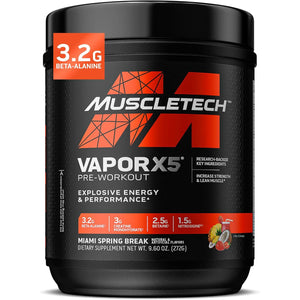 MuscleTech Pre-Workout Powder, Vapor X5 - Sports Nutrition Muscle Building Supplements for Women & Men - Intense Muscle Pump Energy Powder Drink Mix - Miami Spring Break, 272g (30 Servings)