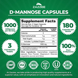 Zazzee D-Mannose, 1000 mg per Serving, 180 Vegan Capsules, 3 Month Supply, Potent & Fast-Acting, Certified Kosher, 100% Pure, All-Natural Urinary Tract Health Support, 100% Vegetarian, Non-GMO