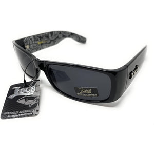 Locs Mens Hardcore Wrap Around Sunglasses with Bandana Print Inside, Black - Black Inside, Medium