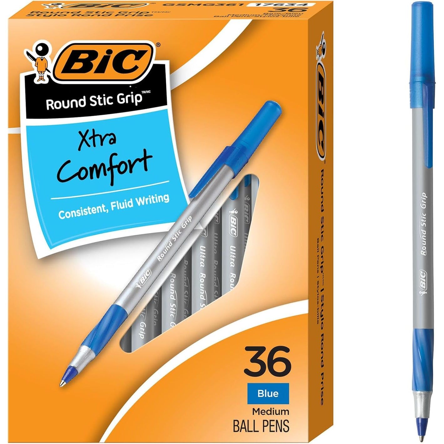 BIC Round Stic Grip Xtra Comfort Blue Ballpoint Pens, Medium Point (1.2mm), 36-Count Pack, Excellent Writing Pens With Soft Grip for Superb Comfort and Control