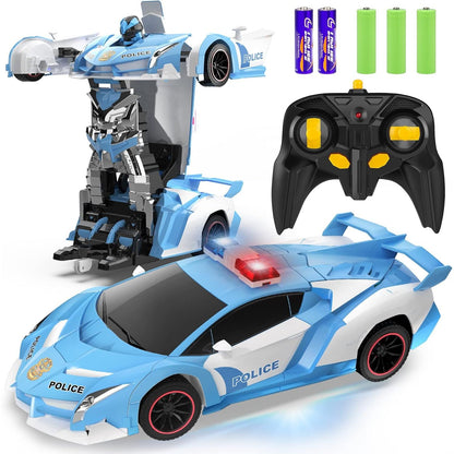 FDJ Remote Control Car - Transform Toys Car Robot, One Button Deformation to Robot with Flashing Light, 2.4Ghz 1:18 Scale Transforming Police Car Kids Toys with 360 Degree Rotating, Girls Boys Toys