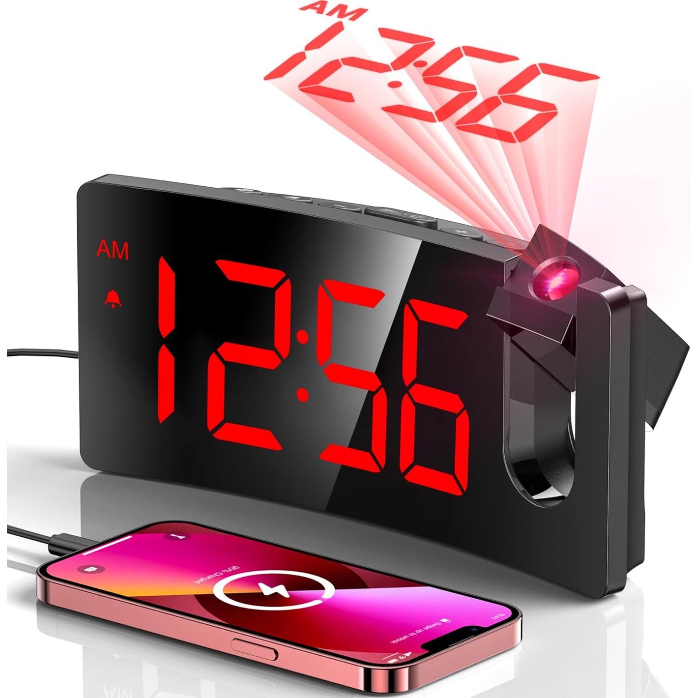 GOLOZA Projection Alarm Clock, Digital Clock with Modern Curved Design 180° Rotatable Projector, 3-Level Brightness Dimmer, Clear Red LED Display, Progressive Volume, 9mins Snooze,12/24H, for Bedroom