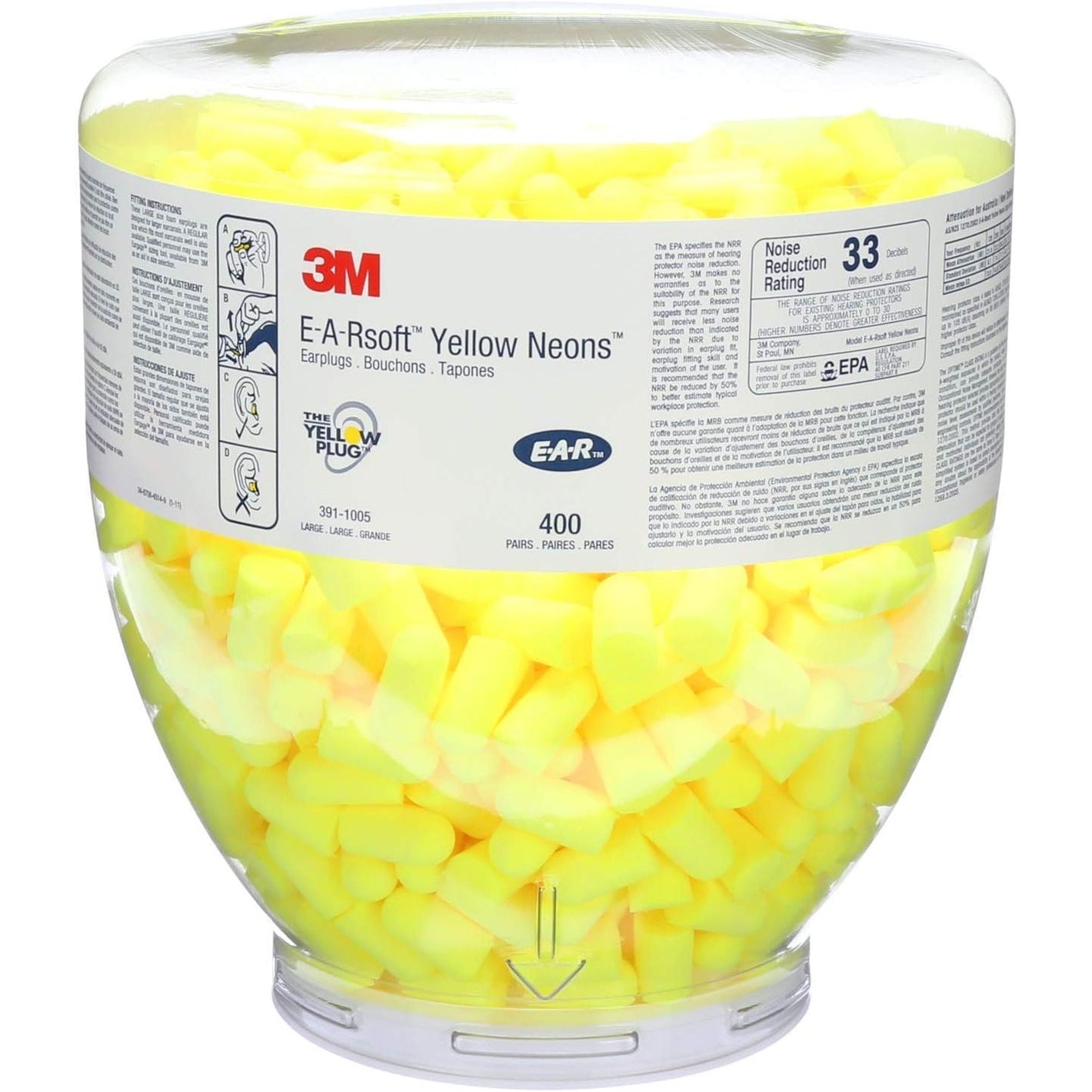3M Ear Plugs, E-A-Rsoft Yellow Neons 391-1005, Bottle of 400 Pair of Disposable Earplugs, Slightly Longer, Uncorded, 33 NRR, Tapered Cylinder Shape, Slow Recovery Foam