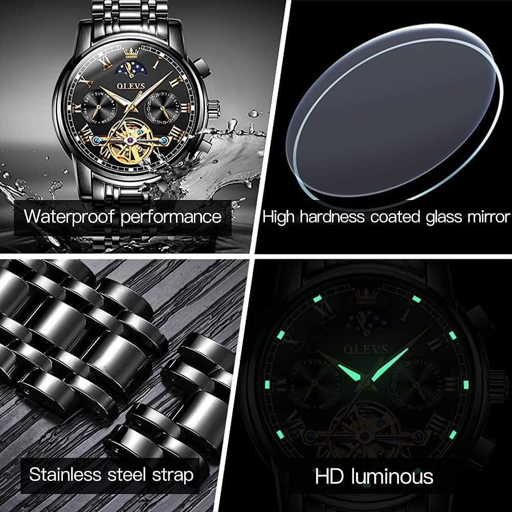 Buy now OLEVS Mens Automatic Watches Skeleton Tourbillon Mechanical Self Winding Luxury Dress Wrist Watch Moon Phase Day Date Waterproof Luminous at indiglob india