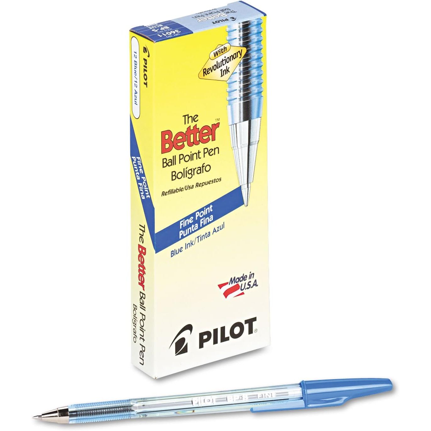 Pilot The Better Ball Point Pen Refillable Ballpoint Stick Pens, Fine Point, Blue Ink, 12-Pack (36011), Dozen Box (0.7mm - Fine)