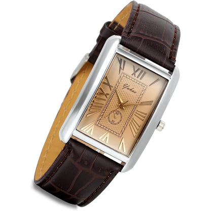 Lancardo Retro Vintage Square Quartz Analog Watch Silver Tone Case Crocodile Pattern Brown Leather Business Casual Dress Wrist Watch
