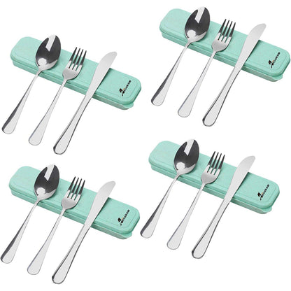 4 Piece Travel Utensils Camping utensils Travel Silverware Set with Case Fork and Spoon Set Office Stainless Steel Reusable Trip Cutlery Set Easy to journey Lightweight Lunch Box for Men